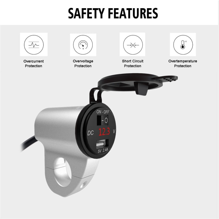 ZH-975A1 Motorcycle Aluminum Alloy Waterproof Mobile Phone Single USB Charger with Red Voltmeter(Silver)