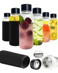 purifyou Clear Glass Bottles with Infuser, Neoprene Sleeves, & Lid (32oz Set of 6)