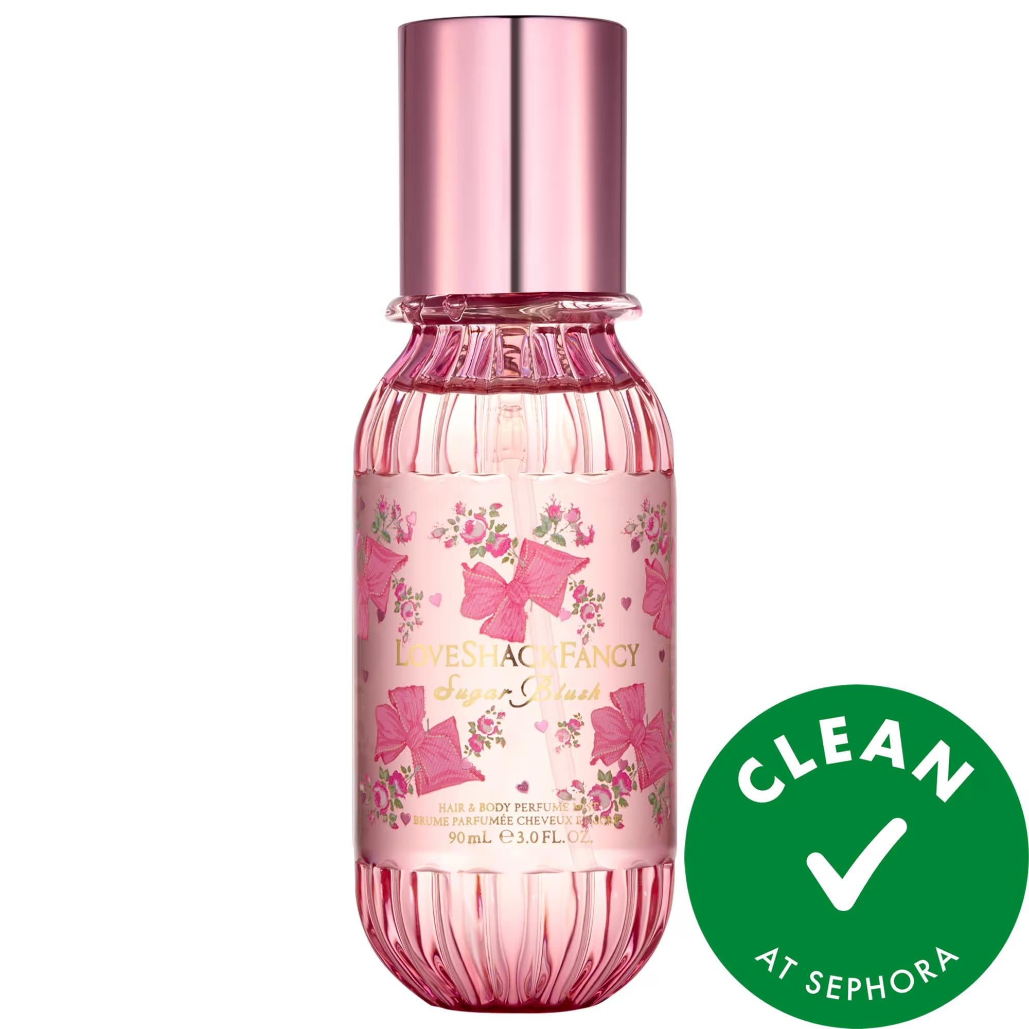 LoveShackFancy Mini Sugar Blush Hair & Body Perfume Mist: Vanilla Passion Fruit Fragrance, Sweet Fruity Floral Scent, All-Over Body Spray, Clean Beauty