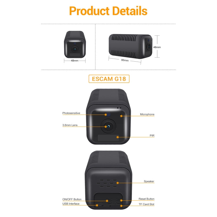 ESCAM G18 1080P Full HD Rechargeable Battery WiFi IP Camera, Support Night Vision / PIR Motion Detection / TF Card / Two Way Audio (Black)