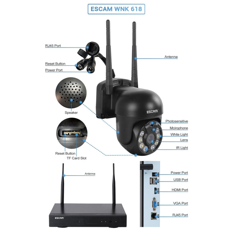ESCAM WNK618 3.0 Million Pixels 8-channel Wireless Dome Camera HD NVR Security System, Support Motion Detection & Two-way Audio & Full-color Night Vision & TF Card, US Plug