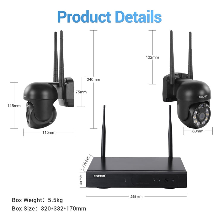 ESCAM WNK618 3.0 Million Pixels 8-channel Wireless Dome Camera HD NVR Security System, Support Motion Detection & Two-way Audio & Full-color Night Vision & TF Card, AU Plug
