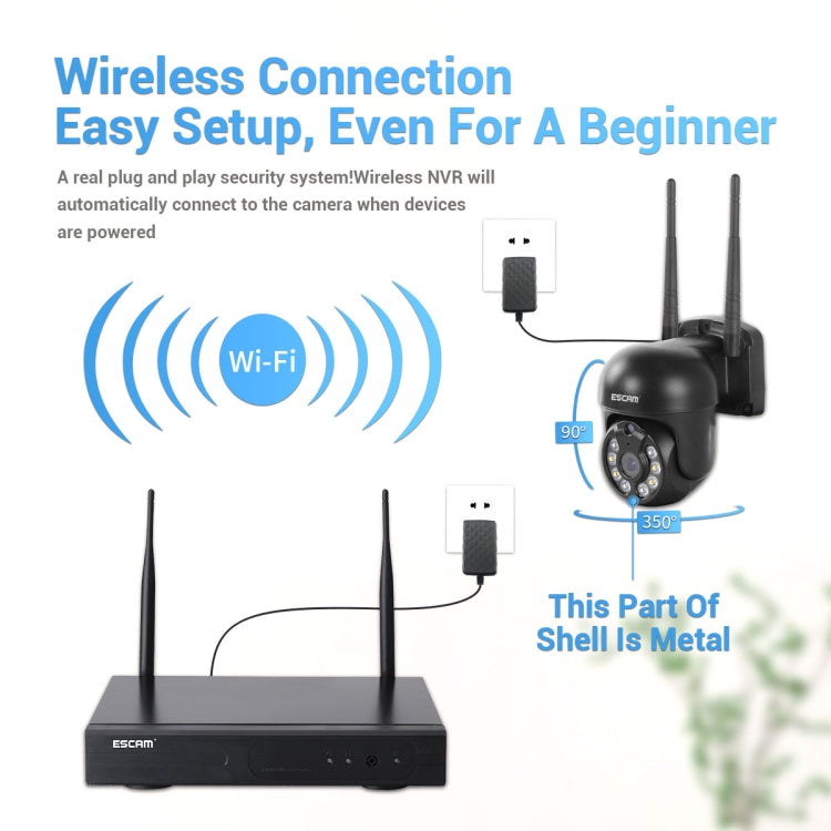 ESCAM WNK618 3.0 Million Pixels 8-channel Wireless Dome Camera HD NVR Security System, Support Motion Detection & Two-way Audio & Full-color Night Vision & TF Card, US Plug