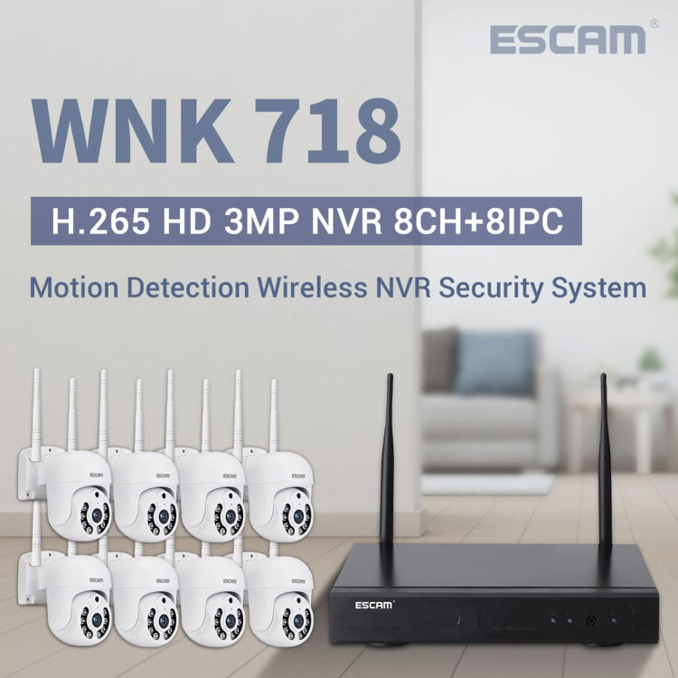 ESCAM WNK718 HD 3.0 Million Pixels 8-channel Wireless + 8IPC Wireless NVR Security System, US Plug