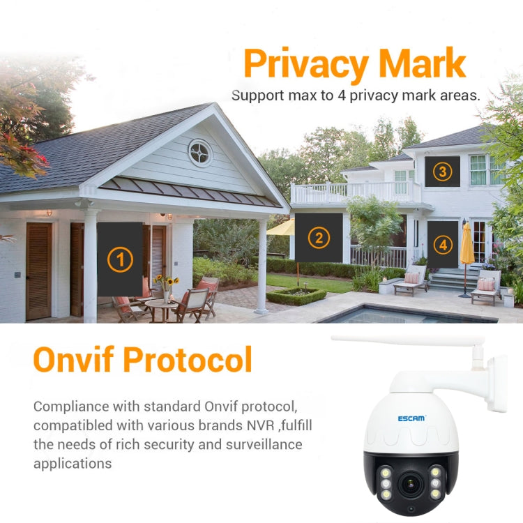 ESCAM Q5068 H.265 5MP Pan / Tilt / 4X Zoom WiFi Waterproof IP Camera, Support ONVIF Two Way Talk & Night Vision, UK Plug