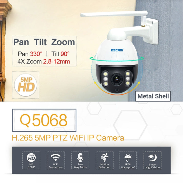 ESCAM Q5068 H.265 5MP Pan / Tilt / 4X Zoom WiFi Waterproof IP Camera, Support ONVIF Two Way Talk & Night Vision, US Plug