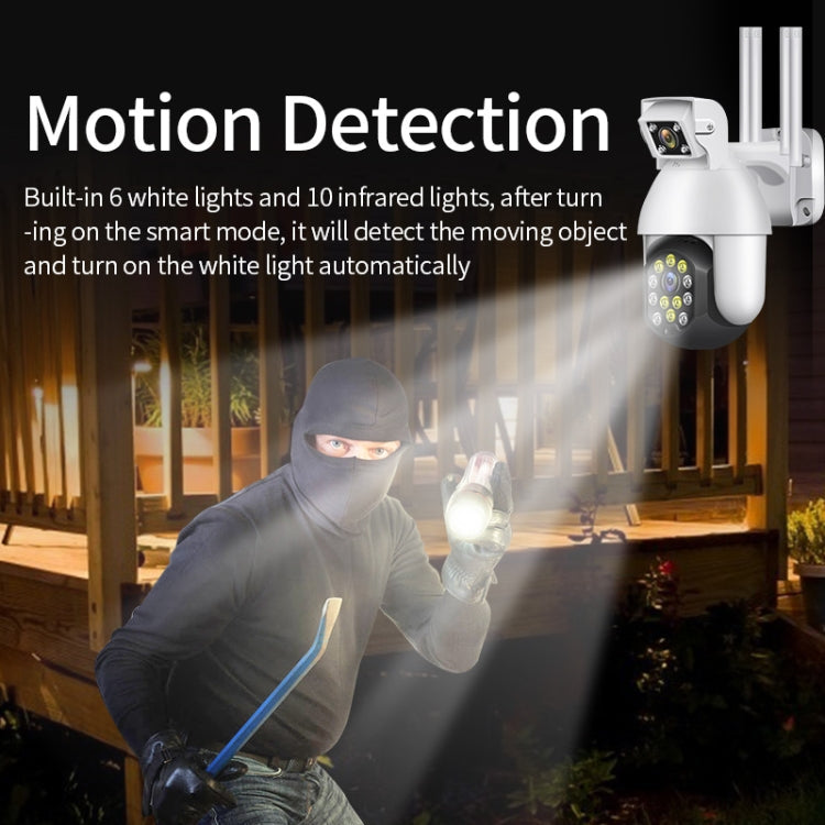 QX41 1080P 2.0MP Dual Lens IP66 Waterproof Panoramic PTZ WIFI Camera, Support Day and Night Full Color & Two-way Voice Intercom & Smart Alarm & Video Playback & 128GB TF Card, EU Plug