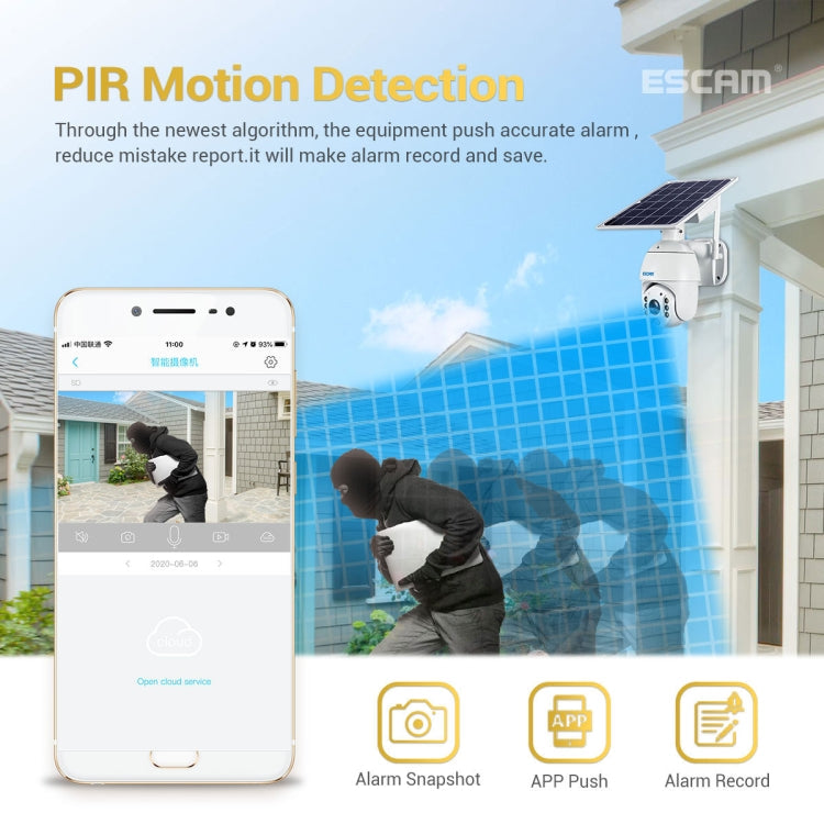 ESCAM QF280 HD 1080P IP66 Waterproof WiFi Solar Panel PT IP Camera without Battery, Support Night Vision / Motion Detection / TF Card / Two Way Audio (White)