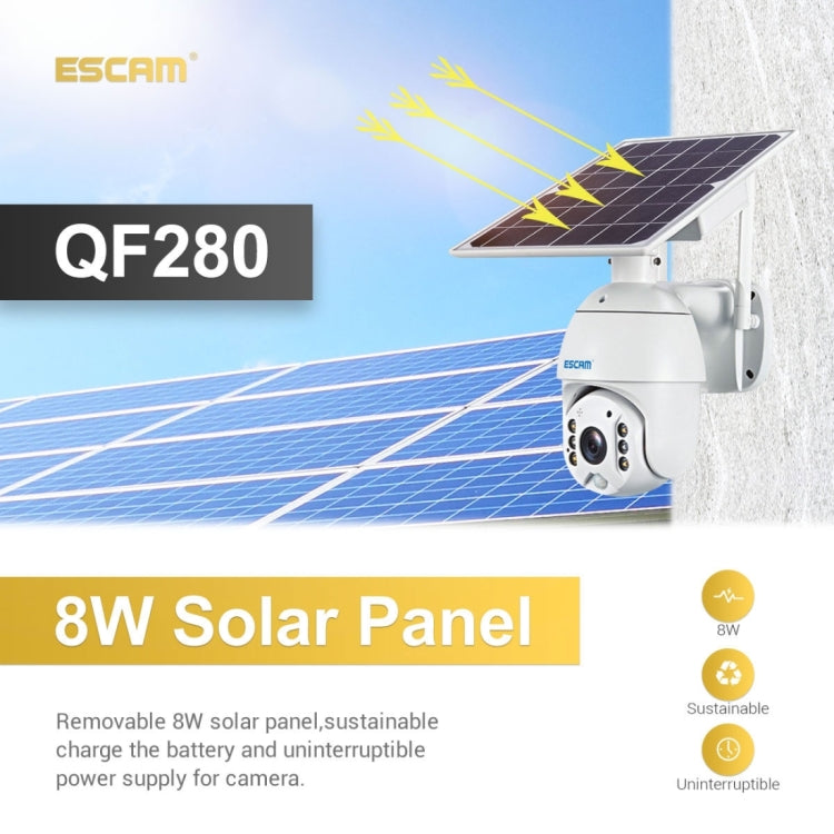 ESCAM QF280 HD 1080P IP66 Waterproof WiFi Solar Panel PT IP Camera with Battery, Support Night Vision / Motion Detection / TF Card / Two Way Audio (White)