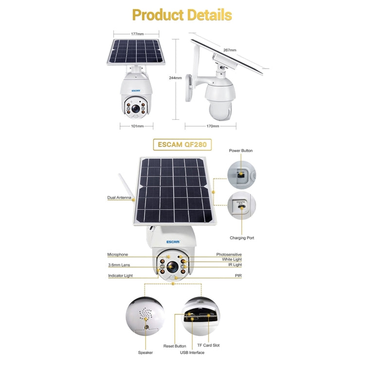 ESCAM QF280 HD 1080P IP66 Waterproof WiFi Solar Panel PT IP Camera with Battery, Support Night Vision / Motion Detection / TF Card / Two Way Audio (White)
