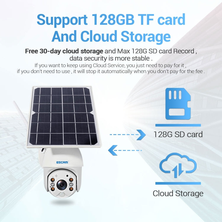 ESCAM QF480 US Version HD 1080P IP66 Waterproof 4G Solar Panel PT IP Camera without Battery, Support Night Vision / Motion Detection / TF Card / Two Way Audio (White)