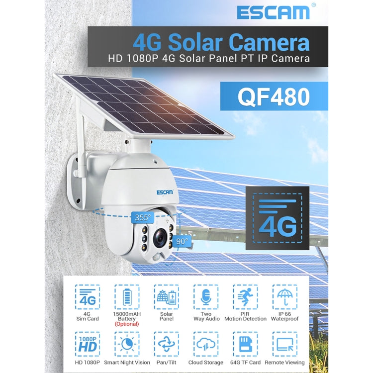 ESCAM QF480 US Version HD 1080P IP66 Waterproof 4G Solar Panel PT IP Camera without Battery, Support Night Vision / Motion Detection / TF Card / Two Way Audio (White)
