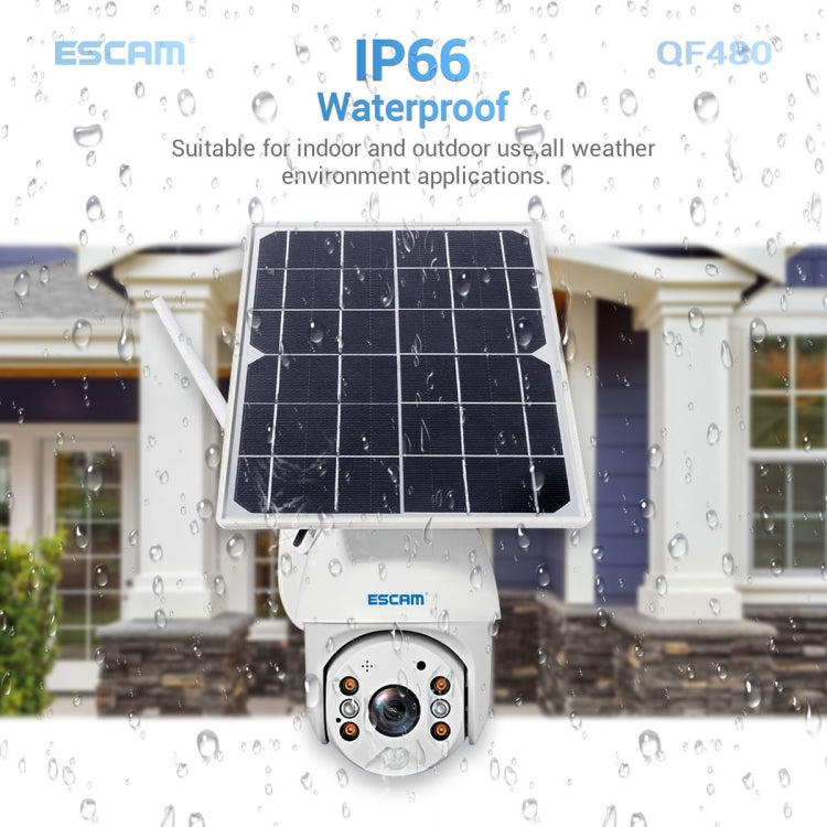 ESCAM QF480 US Version HD 1080P IP66 Waterproof 4G Solar Panel PT IP Camera with Battery, Support Night Vision / Motion Detection / TF Card / Two Way Audio (White)