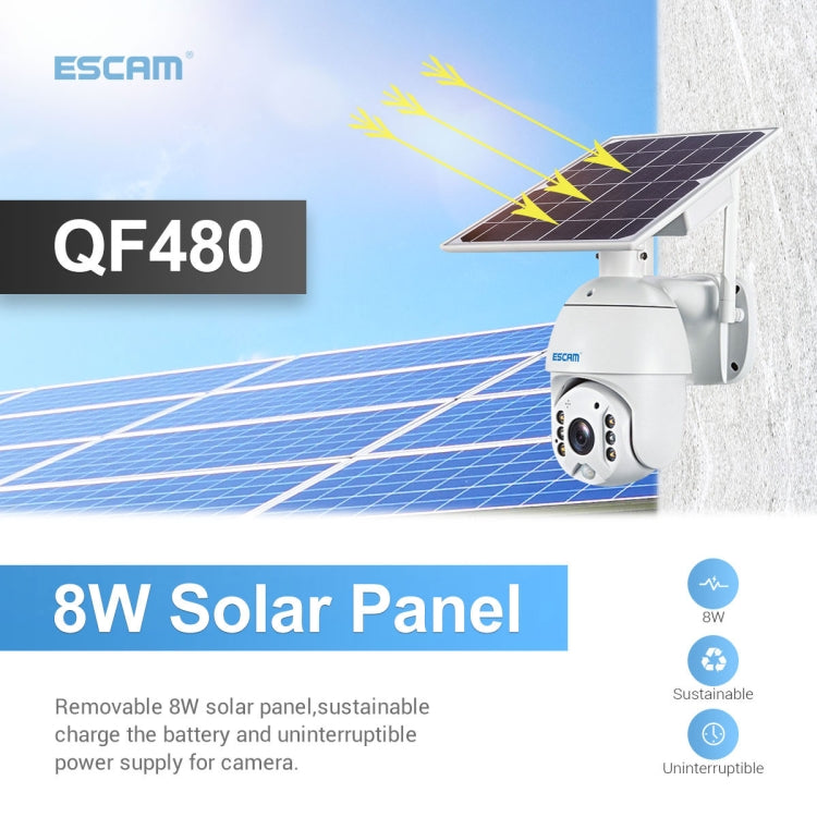 ESCAM QF480 US Version HD 1080P IP66 Waterproof 4G Solar Panel PT IP Camera with Battery, Support Night Vision / Motion Detection / TF Card / Two Way Audio (White)