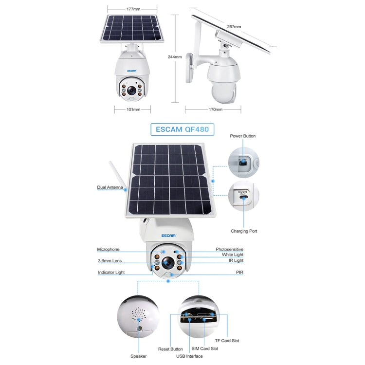 ESCAM QF480 EU Version HD 1080P IP66 Waterproof 4G Solar Panel PT IP Camera with Battery, Support Night Vision / Motion Detection / TF Card / Two Way Audio (White)