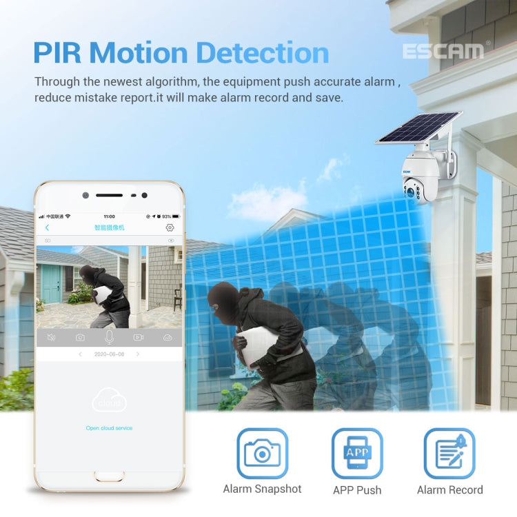 ESCAM QF480 EU Version HD 1080P IP66 Waterproof 4G Solar Panel PT IP Camera with Battery, Support Night Vision / Motion Detection / TF Card / Two Way Audio (White)