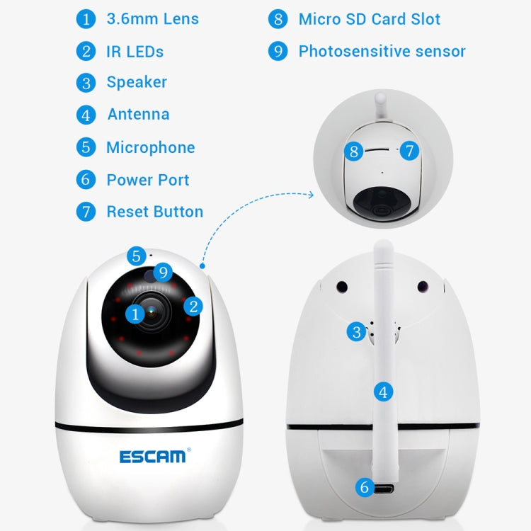 ESCAM PVR008 HD 1080P WiFi IP Camera, Support Motion Detection / Night Vision, IR Distance: 10m, US Plug(White)