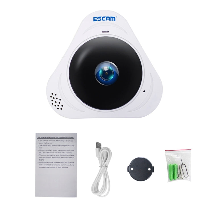 ESCAM Q8 960P 360 Degrees Fisheye Lens 1.3MP WiFi IP Camera, Support Motion Detection / Night Vision, IR Distance: 5-10m, UK Plug(White)