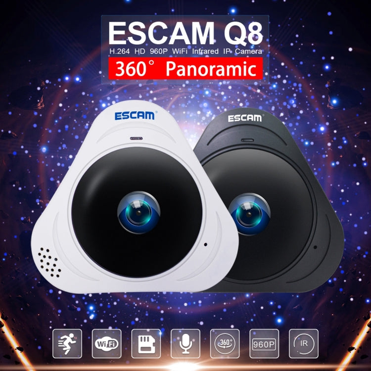 ESCAM Q8 960P 360 Degrees Fisheye Lens 1.3MP WiFi IP Camera, Support Motion Detection / Night Vision, IR Distance: 5-10m, EU Plug(White)