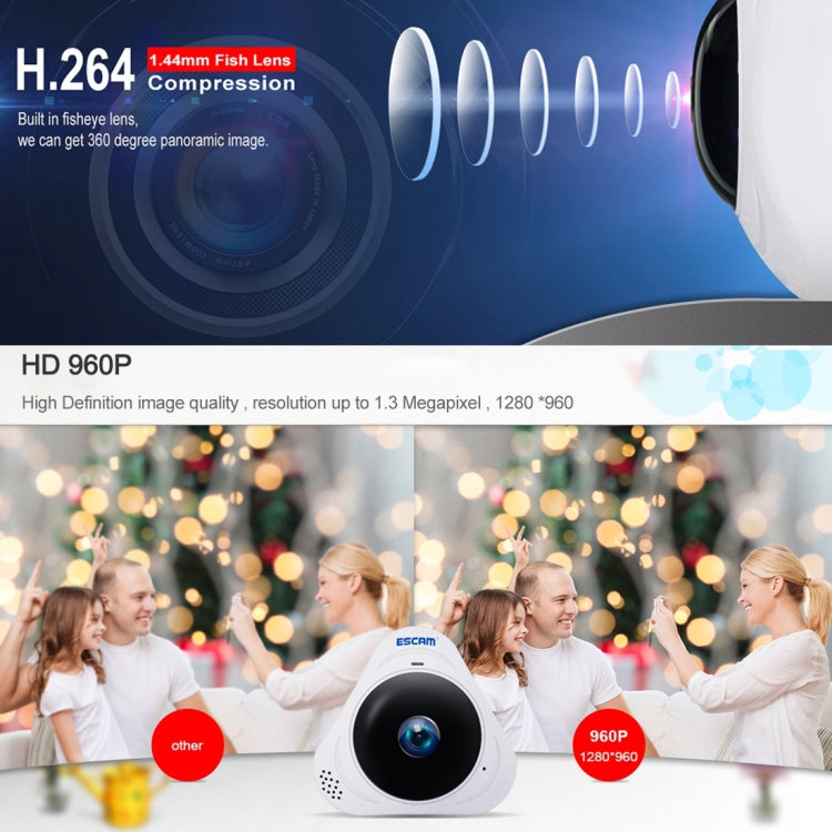 ESCAM Q8 960P 360 Degrees Fisheye Lens 1.3MP WiFi IP Camera, Support Motion Detection / Night Vision, IR Distance: 5-10m, US Plug(White)