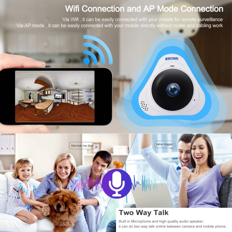 ESCAM Q8 960P 360 Degrees Fisheye Lens 1.3MP WiFi IP Camera, Support Motion Detection / Night Vision, IR Distance: 5-10m, AU Plug(White)