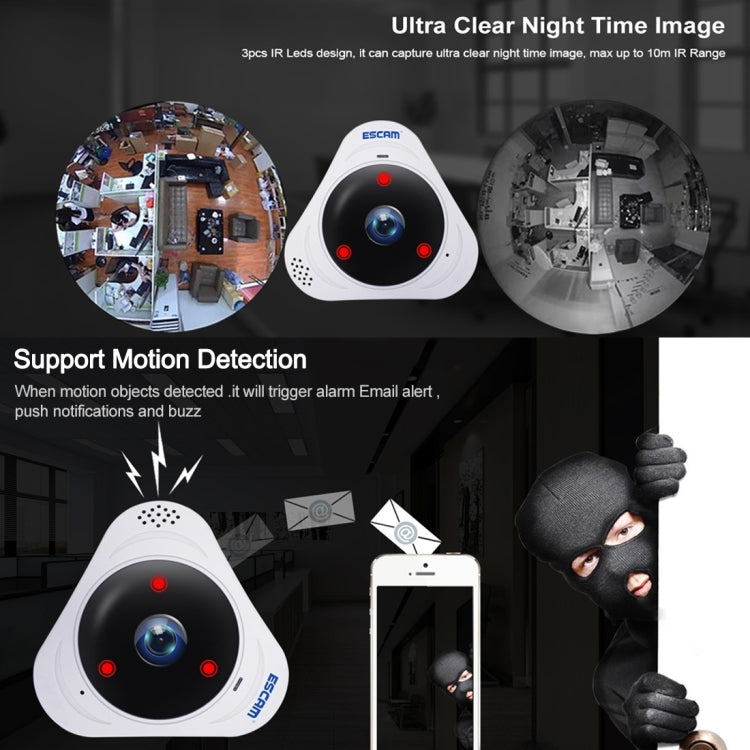 ESCAM Q8 960P 360 Degrees Fisheye Lens 1.3MP WiFi IP Camera, Support Motion Detection / Night Vision, IR Distance: 5-10m, UK Plug(White)