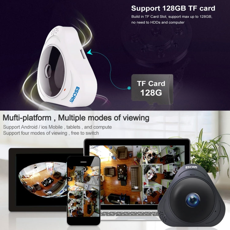 ESCAM Q8 960P 360 Degrees Fisheye Lens 1.3MP WiFi IP Camera, Support Motion Detection / Night Vision, IR Distance: 5-10m, UK Plug(White)