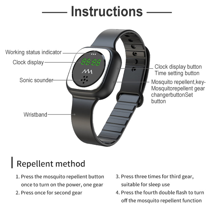 F9 Outdoor Silica Gel Mosquito Repellent Wristband with Clock(Black)