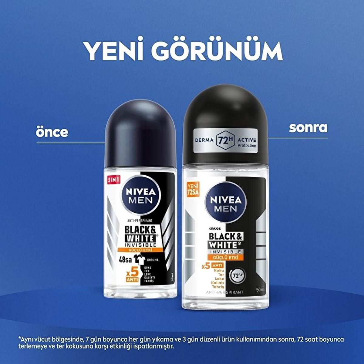 Nivea Men Black & White Invisible Deodorant for Men - Long Lasting Anti-Perspirant Protection, 72 Hours, Anti-Stain, Dermatologically Tested - 50ml