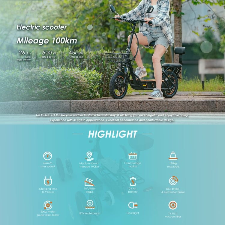 [EU Warehouse] KuKirin C1 Pro 500W 48V 26Ah Electric Offroad Scooter with 14 inch Tires & Rear Seat, EU Plug
