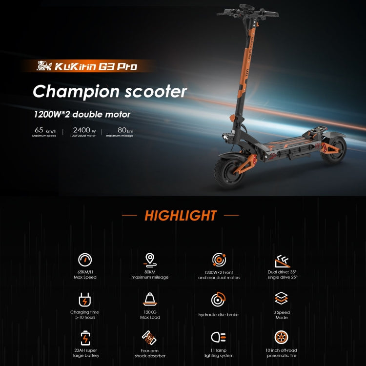 [EU Warehouse] Kukirin G3 Pro 10 inch Tires 2400W 52V 23.4AH Three-speed Folding Electric Offroad Scooter with LED Display