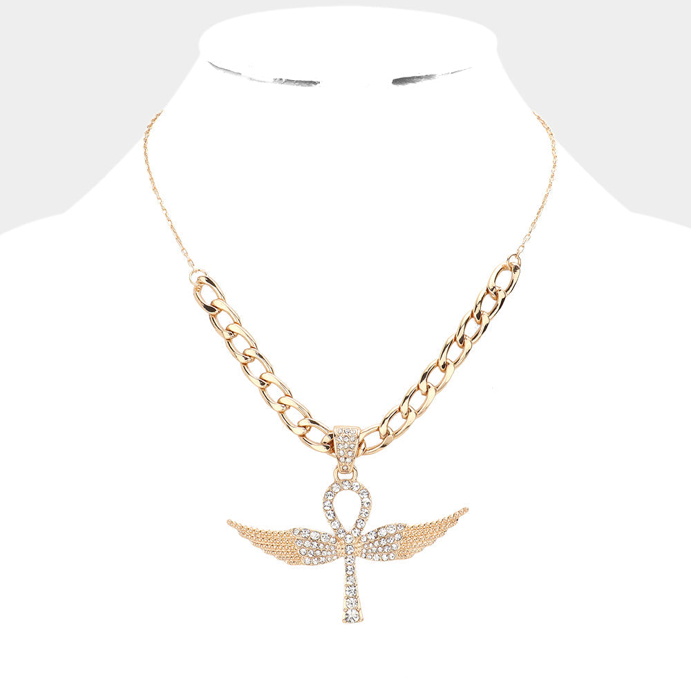 Rhinestone Embellished Metal Angel Wing Key Pendant Chain Necklace