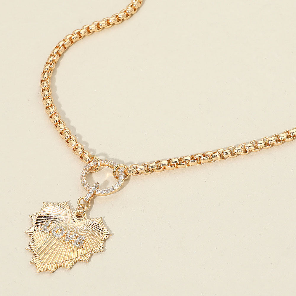 Rhinestone Paved Circle LOVE Message Accent Textured Metal Heart Pendant Necklace