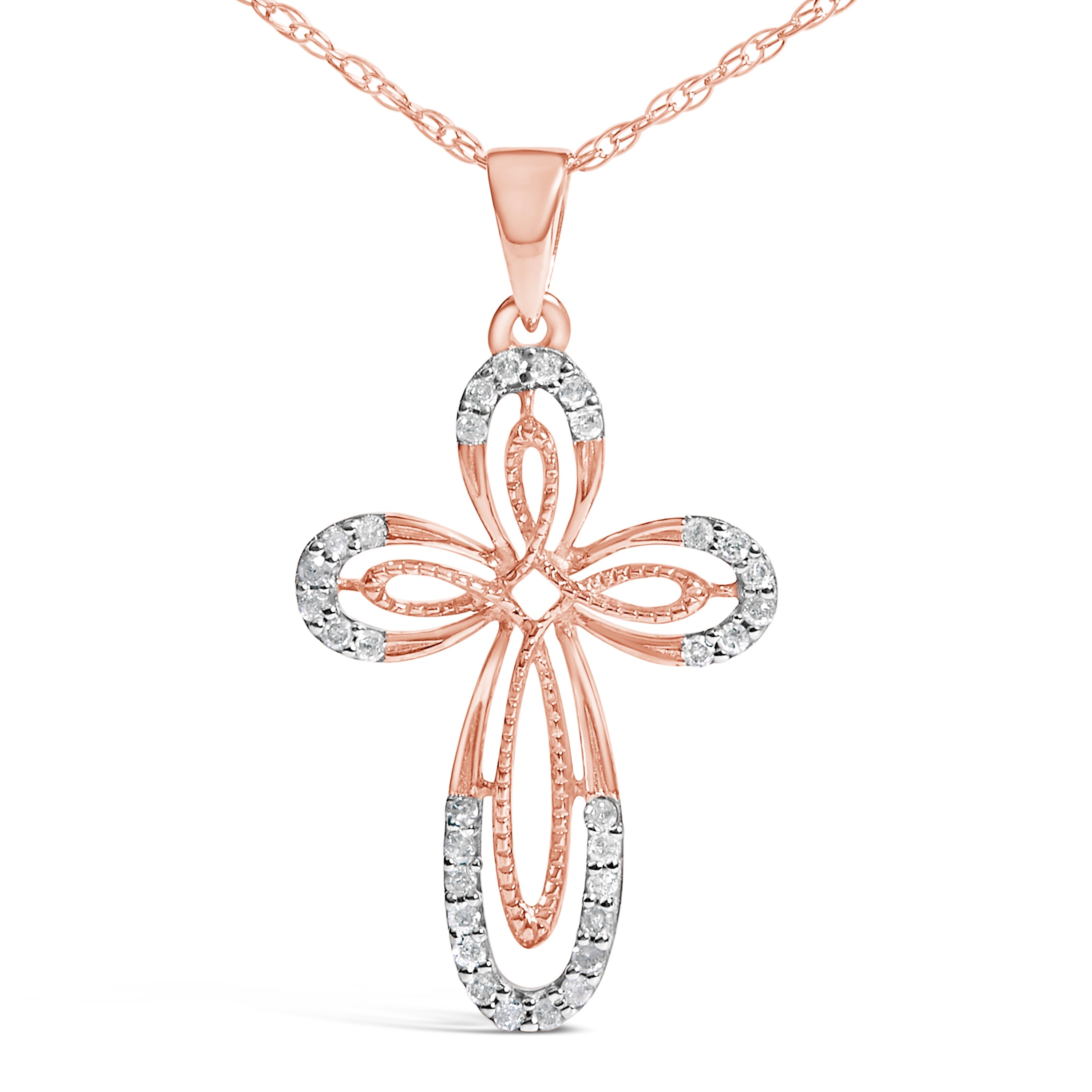 10K Rose Gold Plated Sterling Silver 1/6 Cttw Diamond Double Loop Cross Pendant Necklace