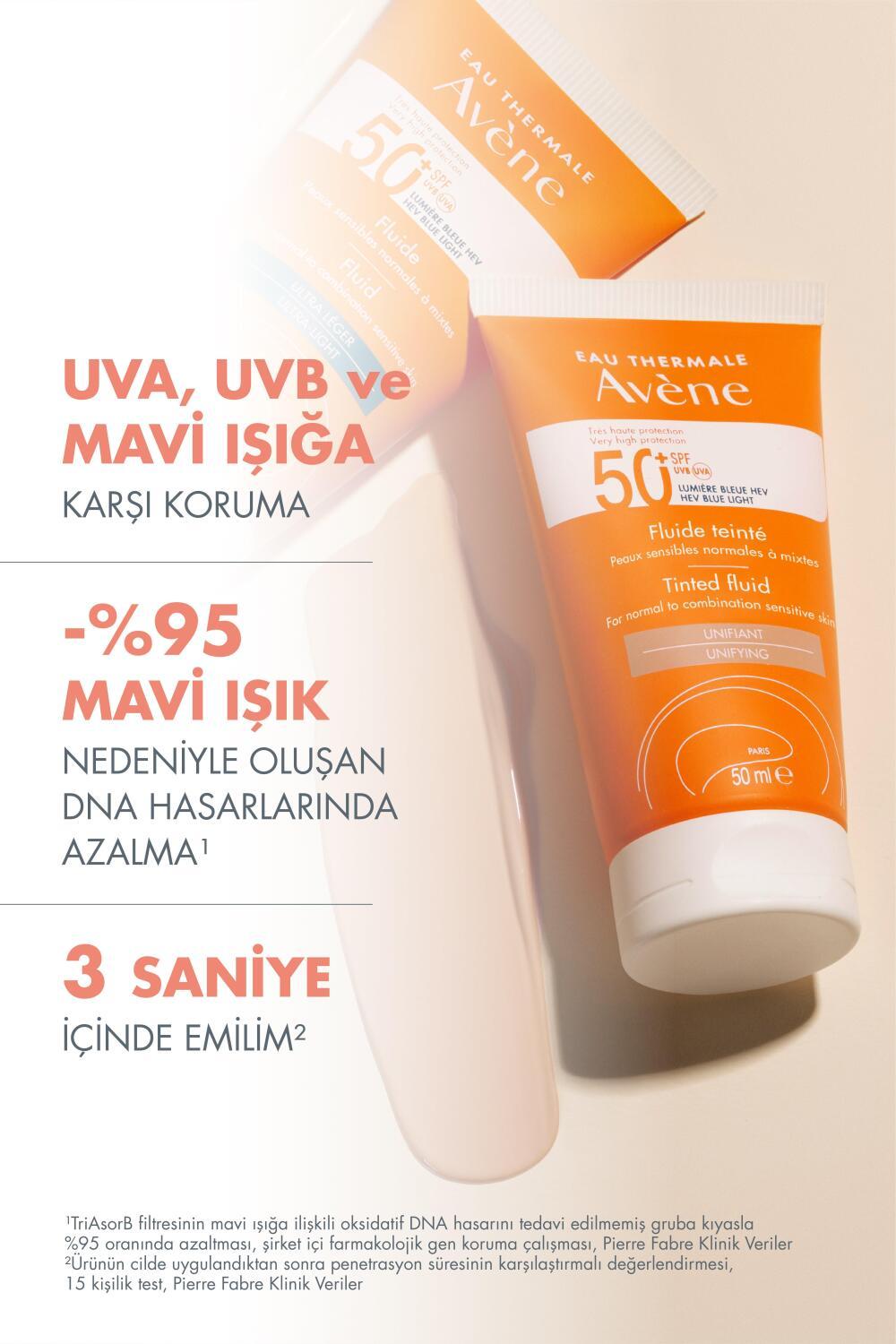 Avene Fluide SPF 50+ Sunscreen for Normal/Combination Skin - Lightweight, UVA/UVB/Blue Light Protection