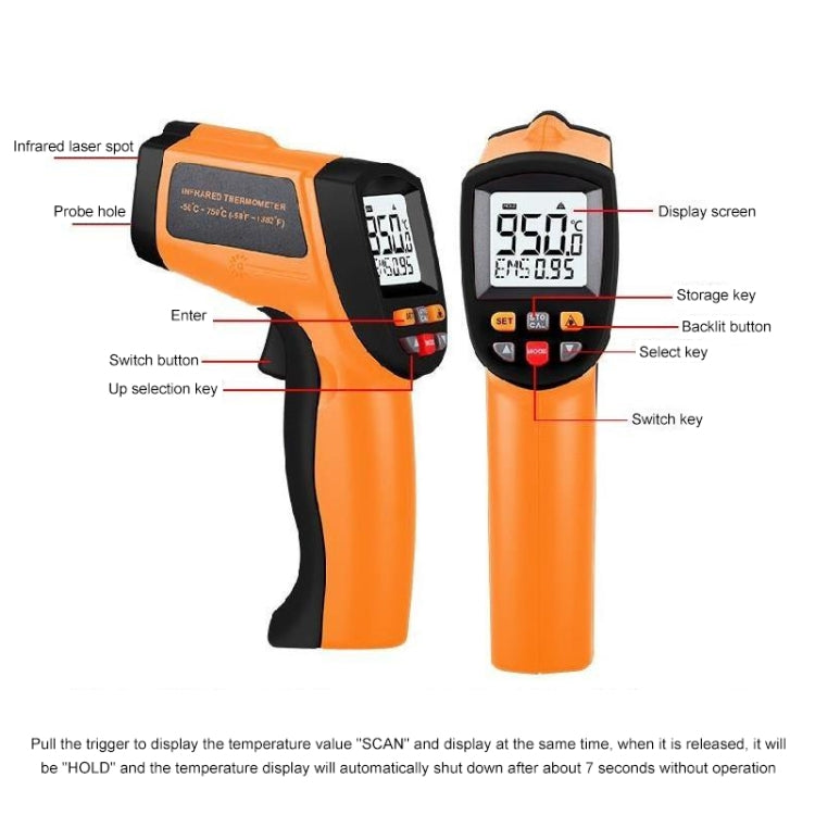 Infrared Thermometer, Temperature Range: 200 - 1650 Degrees Celsius(Orange)