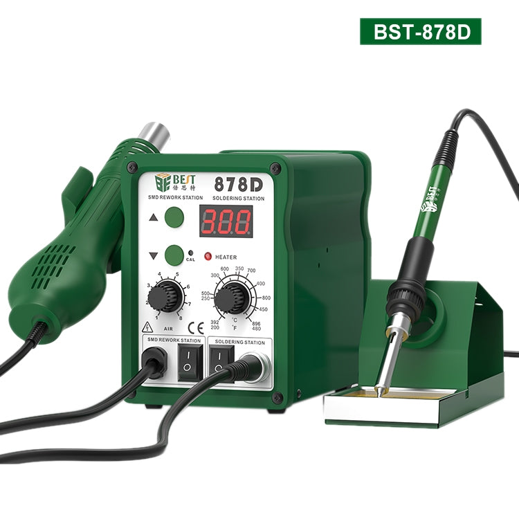 BEST BST-878D 2 in 1 AC 220V 700W LED Displayer Helical Wind Adjustable Temperature Unleaded Hot Air Gun + Solder Station & Soldering Iron, EU Plug(Green)