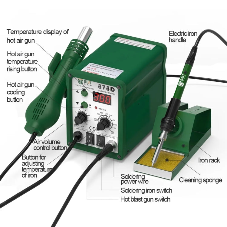 BEST BST-878D 2 in 1 AC 220V 700W LED Displayer Helical Wind Adjustable Temperature Unleaded Hot Air Gun + Solder Station & Soldering Iron, EU Plug(Green)