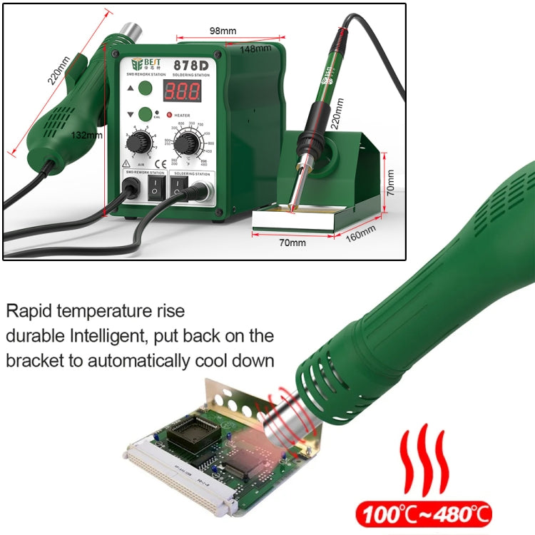 BEST BST-878D 2 in 1 AC 220V 700W LED Displayer Helical Wind Adjustable Temperature Unleaded Hot Air Gun + Solder Station & Soldering Iron, EU Plug(Green)