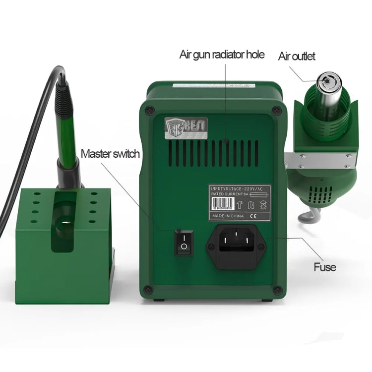 BEST BST-878D 2 in 1 AC 220V 700W LED Displayer Helical Wind Adjustable Temperature Unleaded Hot Air Gun + Solder Station & Soldering Iron, EU Plug(Green)