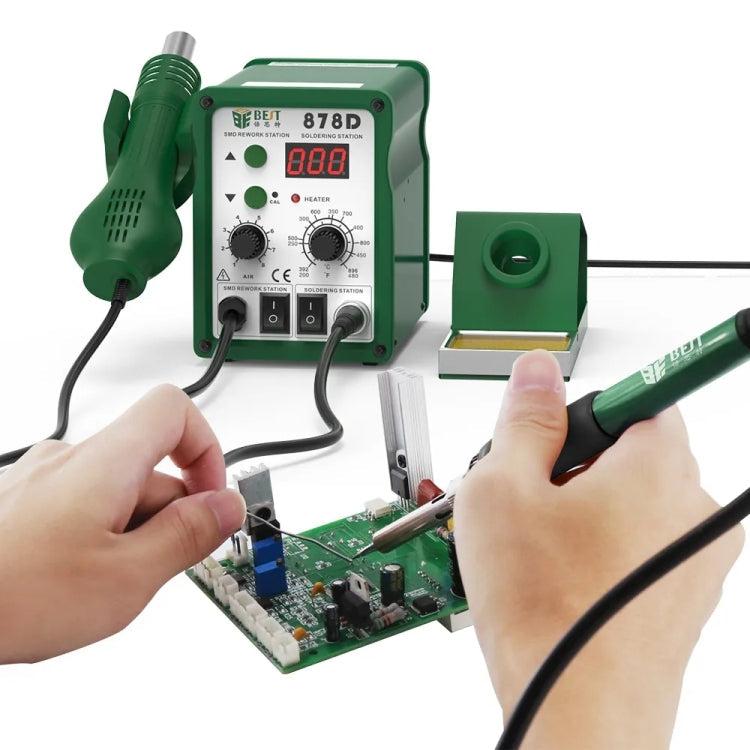 BEST BST-878D 2 in 1 AC 220V 700W LED Displayer Helical Wind Adjustable Temperature Unleaded Hot Air Gun + Solder Station & Soldering Iron, EU Plug(Green)