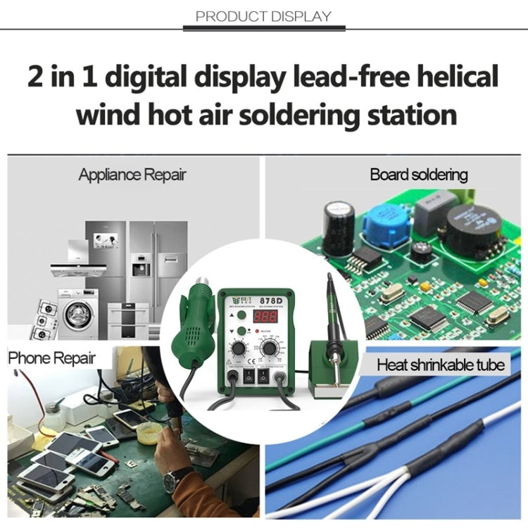 BEST BST-878D 2 in 1 AC 220V 700W LED Displayer Helical Wind Adjustable Temperature Unleaded Hot Air Gun + Solder Station & Soldering Iron, EU Plug(Green)