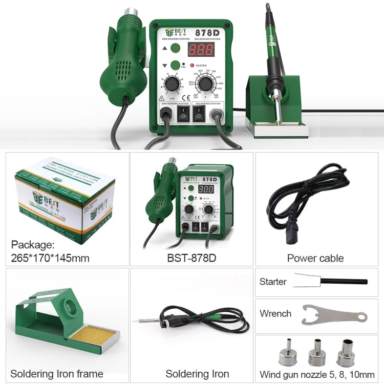 BEST BST-878D 2 in 1 AC 220V 700W LED Displayer Helical Wind Adjustable Temperature Unleaded Hot Air Gun + Solder Station & Soldering Iron, EU Plug(Green)