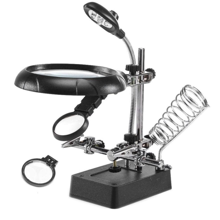 5 LED Auxiliary Clip Magnifier AC/DC Interchangeable with Soldering Stand & Two Magnifier, EU Plug(Silver)