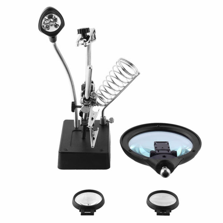 5 LED Auxiliary Clip Magnifier AC/DC Interchangeable with Soldering Stand & Two Magnifier, EU Plug(Silver)