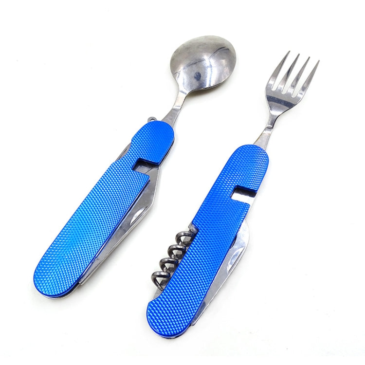 6-in-1 Stainless Steel Travel / Camping Folding Cutlery Set, Spoon + Fork + Knife +  Bottle Opener Set(Blue)