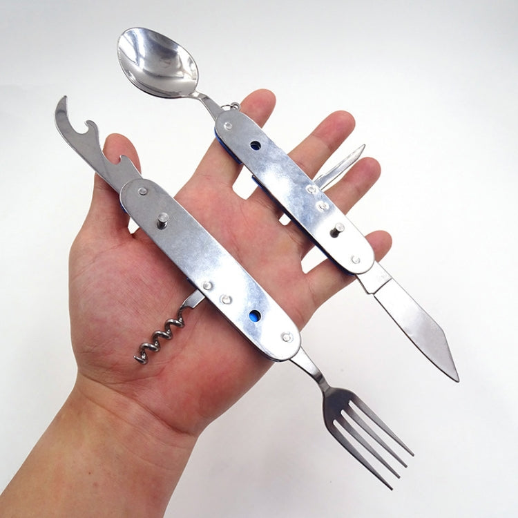 6-in-1 Stainless Steel Travel / Camping Folding Cutlery Set, Spoon + Fork + Knife +  Bottle Opener Set(Blue)