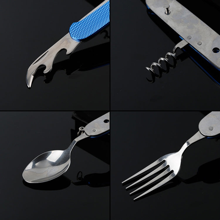 6-in-1 Stainless Steel Travel / Camping Folding Cutlery Set, Spoon + Fork + Knife +  Bottle Opener Set(Blue)