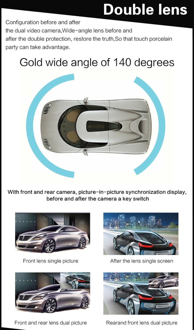 Full HD 1080P 4.3 inch Screen Display Dual Camera Vehicle DVR, 140 Degree Wide Angle Viewing, Support Night Vision / Parking Monitoring / Loop Recording / Motion Detection / G-Sensor / TF Card