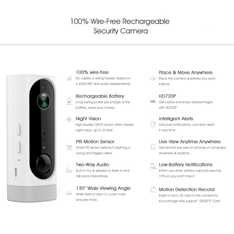 A1 WiFi Wireless 720P IP Camera, Support Night Vision / Motion Detection / PIR Motion Sensor, Two-way Audio, Built-in 3000mAh Rechargeable Battery